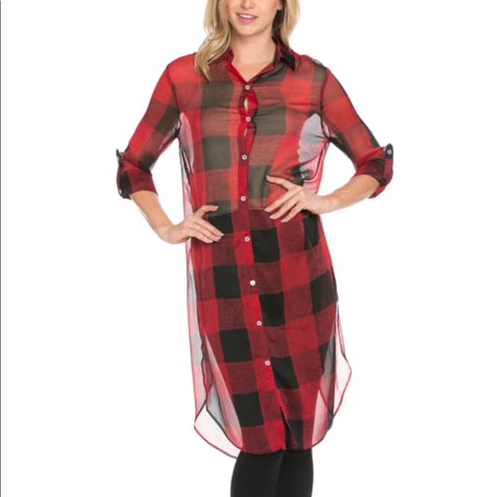 Red & black see-through long flannel